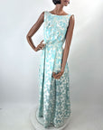 60s Vintage Tiffany Blue Brocade Formal Dress Audrey Evening Gown Small VFG