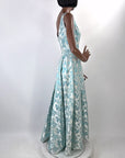 60s Vintage Tiffany Blue Brocade Formal Dress Audrey Evening Gown Small VFG