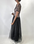40s Illusion Lace & Net Vintage Evening Dress Formal Dance Medium As-Is VFG