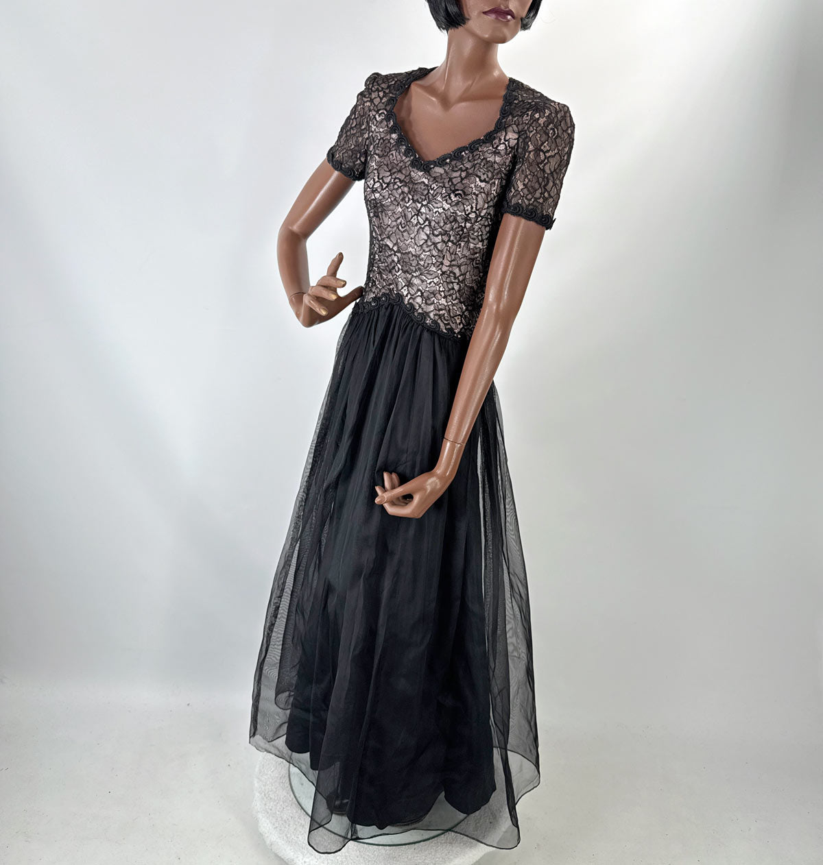 40s Illusion Lace & Net Vintage Evening Dress Formal Dance Medium As-Is VFG
