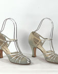 30s Evening Heels 20s T-Strap Flapper Shoes Vintage Silver Trim JoBo VFG