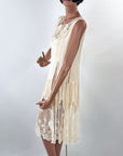 Vintage 20s Evening Dress White Silk Sheer Lace Insets XS Antique Bridal Wedding