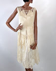 Vintage 20s Evening Dress White Silk Sheer Lace Insets XS Antique Bridal Wedding