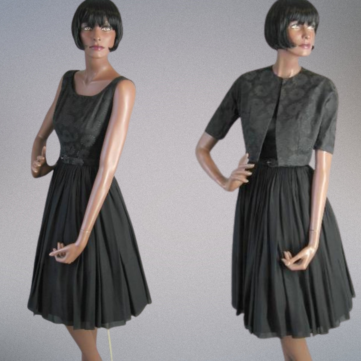 50s Party Dress Outfit with Bolero 60s Vintage Full Skirt Dress Black Brocade Chiffon L'Aiglon Small VFG 50s Party Dress Outfit with Bolero 60s Vintage Full Skirt Dress Black Brocade Chiffon L'Aiglon Small VFG