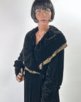 20s Vintage Evening Coat Silk Velvet Gold Lame Trim Dramatic Cocoon VFG