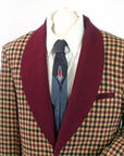 Vintage Mens Lounging Jacket Wool Check Maroon Tan Black Large Robe VFG