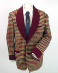 Vintage Mens Lounging Jacket Wool Check Maroon Tan Black Large Robe VFG