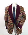 Vintage Mens Lounging Jacket Wool Check Maroon Tan Black Large Robe VFG