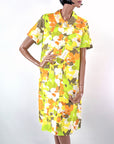 Vintage 60s Day Dress Floral Print Deadstock Earth Tones L/XL