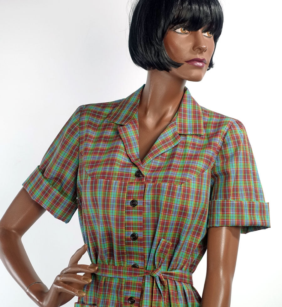 Deadstock 50s Day Dress Plaid 60s Shirtwaist Style Vintage Shift Large Nancy Frock Dan River VFG Deadstock 50s Day Dress Plaid 60s Shirtwaist Style Vintage Shift Large Nancy Frock Dan River VFG