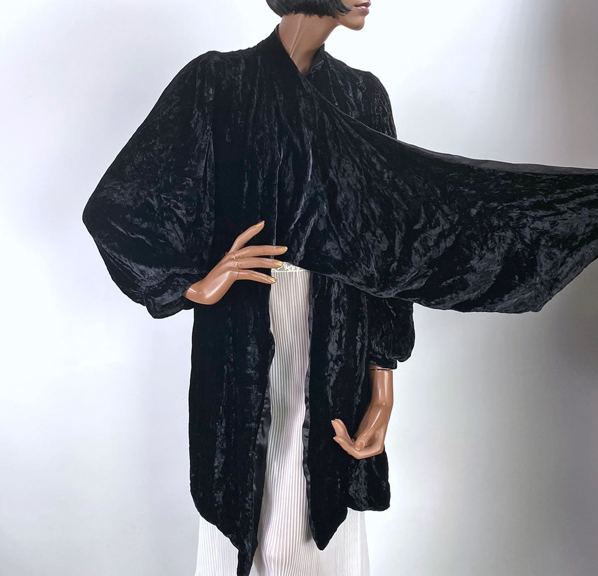 30s Crushed Velvet Jacket Black Dramatic Vintage Attached Scarf Women's S/M VFG