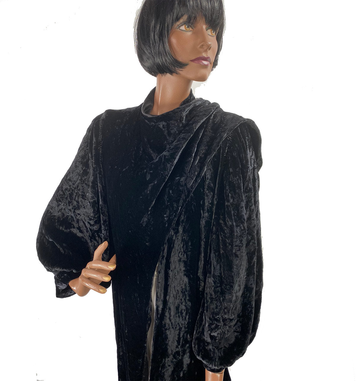 30s Crushed Velvet Jacket Black Dramatic Vintage Attached Scarf Women's S/M VFG