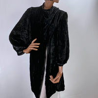 30s Crushed Velvet Jacket Black Dramatic Vintage Attached Scarf Women's S/M VFG