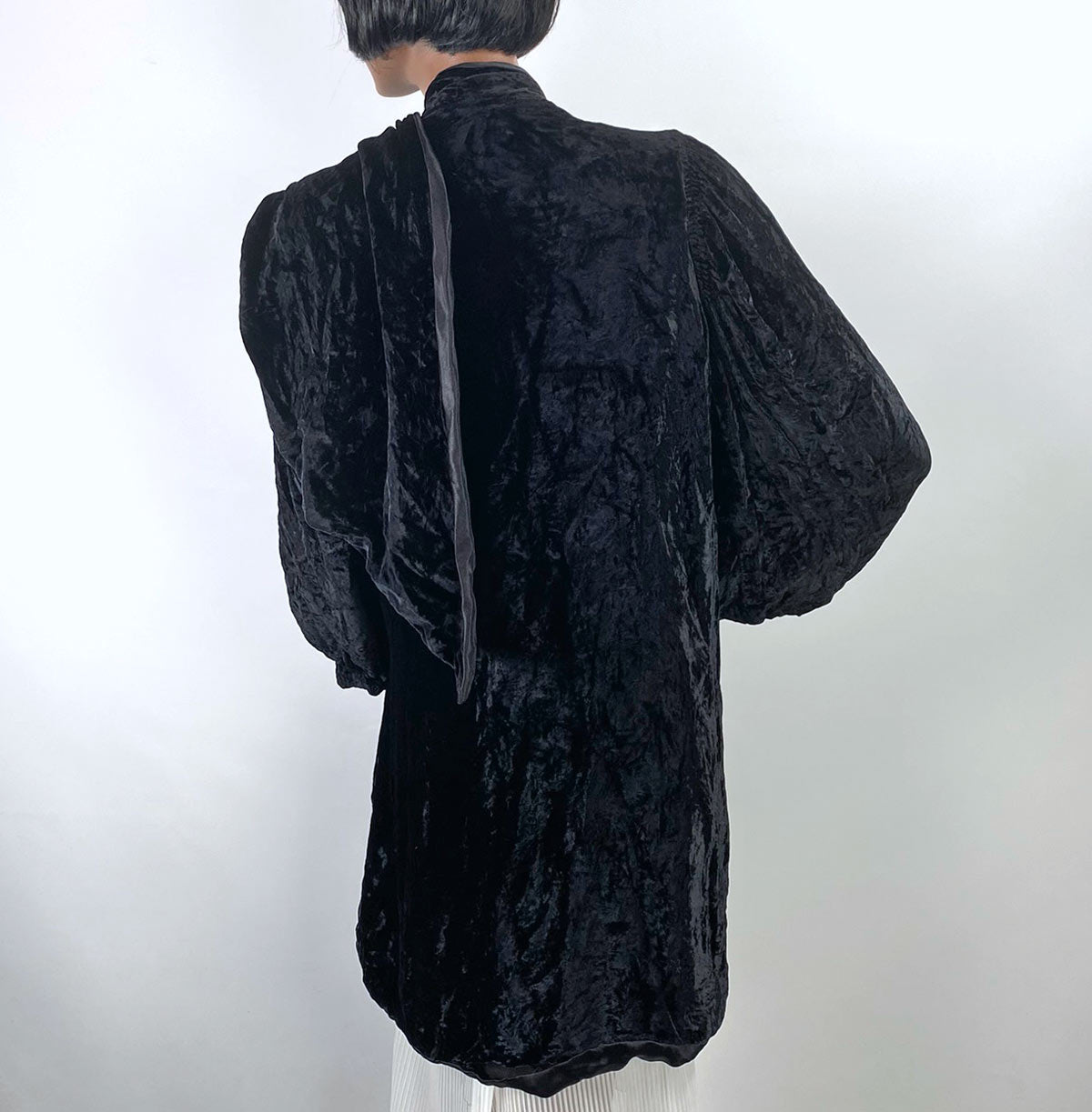 30s Crushed Velvet Jacket Black Dramatic Vintage Attached Scarf Women's S/M VFG