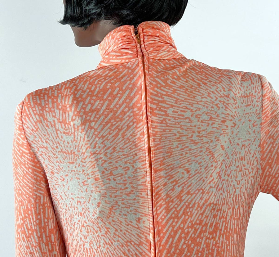 70s Op Art Print Vintage Dress Jersey Slinky Atomic Starburst Draped Bodice Women's VFG