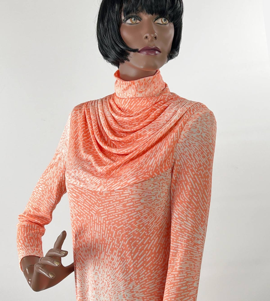 70s Op Art Print Vintage Dress Jersey Slinky Atomic Starburst Draped Bodice Women's VFG