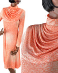 70s Op Art Print Vintage Dress Jersey Slinky Atomic Starburst Draped Bodice Women's VFG