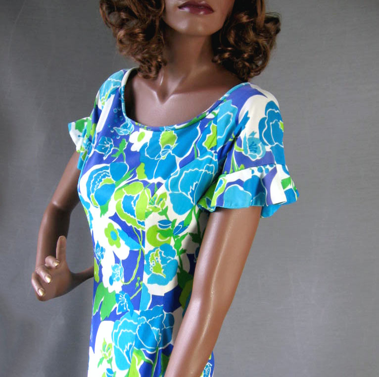 70s Vintage Hawaiian Maxi Dress Mermaid Style Fit & Flare Slinky M VFG