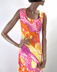 70s Maxi Dress Psychedelic Melting Print Vintage Chiffon Capelet Paula Brooks VFG