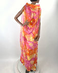70s Maxi Dress Psychedelic Melting Print Vintage Chiffon Capelet Paula Brooks VFG