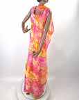 70s Maxi Dress Psychedelic Melting Print Vintage Chiffon Capelet Paula Brooks VFG