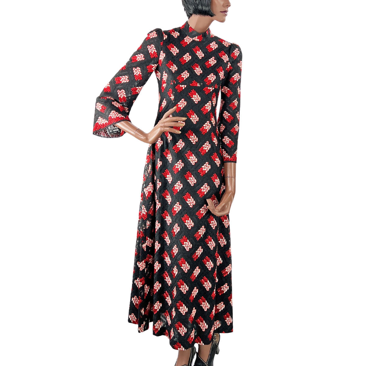 Vintage 70s High Neck Maxi Dress Embroidered Net Red Black White XS Modest VFG