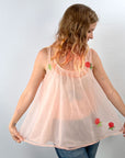 50s Nylon Chiffon Top Pink BabyDoll60s PJ Pajama Top Lace Roses VFG Van Raalte
