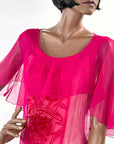Hot Pink 20s Dress Vintage Chiffon & Cut Velvet Art Deco VFG