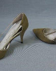 60s Spike Heels Vintage Deadstock Suede Olive Gold Pointy Toe Pumps Shoes Qualicraft VFG