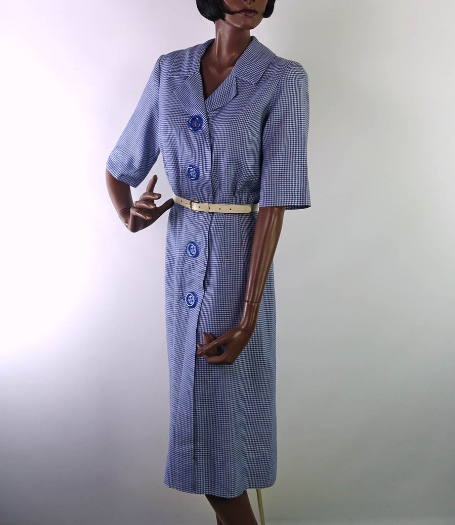 40s 50s Vintage Day Dress Blue Gingham Check Big Buttons Shirtwaist R & K Originals VFG S/M