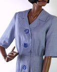 50s Vintage Day Dress Shirtwaist Blue Gingham Check Big Buttons R & K Originals VFG S/M