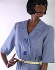 50s Vintage Day Dress Shirtwaist Blue Gingham Check Big Buttons R & K Originals VFG S/M