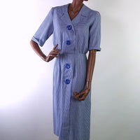 40s 50s Vintage Day Dress Blue Gingham Check Big Buttons Shirtwaist R & K Originals VFG S/M