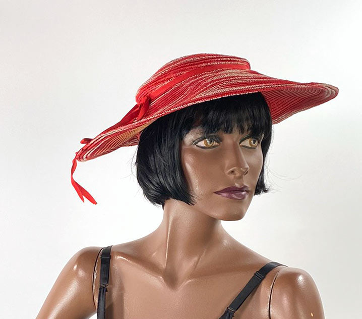30s Vintage Platter Sun Hat Wide Brim Red & White Summer 40s  display picture 3