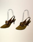 60s Vintage Buckled Stiletto Slingback Heels Olive Green Suede & Leather Shoes Risque VFG