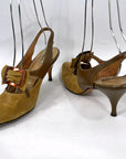 60s Vintage Buckled Stiletto Slingback Heels Olive Green Suede & Leather Shoes Risque VFG