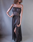 Women's 50s Nightgown Vintage Strapless Lacy Gown Peekaboo Semisheer Black Large Rojene VFG