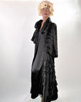 20s Cape Black Silk Satin Tiers Ruffles Gold Lamè Lining VFG