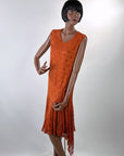 Vintage 20s Rust Lace Flapper Dress Drop Waist Handkerchief Hem VFG