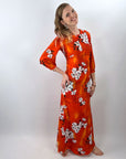 60s Maxi Dress Hawaiian Print Hibiscus Orange XS Sa-Ne Hawaii VFG