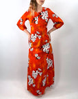 60s Maxi Dress Hawaiian Print Hibiscus Orange XS Sa-Ne Hawaii VFG