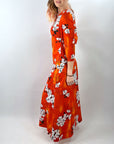 60s Maxi Dress Hawaiian Print Hibiscus Orange XS Sa-Ne Hawaii VFG
