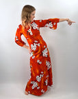 60s Maxi Dress Hawaiian Print Hibiscus Orange XS Sa-Ne Hawaii VFG