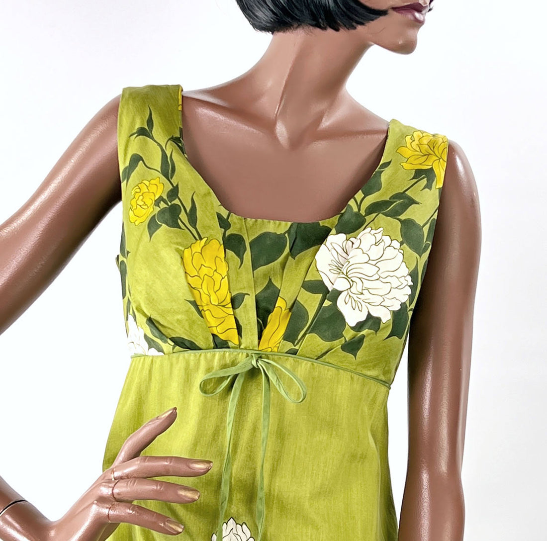 60s 70s Hawaiian Print Empire Waist Vintage Maxi Dress Green Medium by Sandpiper VFG NOS?
