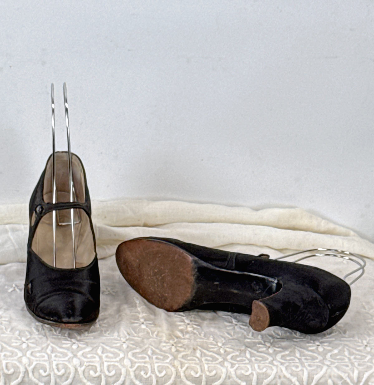vintage dress heels As-Is 20s Vintage Ankle Strap Heels Antique Shoes Black Satin Buttoned Selby VFG