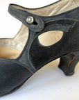 As-Is 20s Vintage Ankle Strap Heels Antique Shoes Black Satin Buttoned Selby VFG