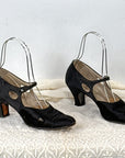 As-Is 20s Vintage Ankle Strap Heels Antique Shoes Black Satin Buttoned Selby VFG