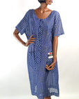 50s Vintage Day Dress Deadstock XL 60s Shirtwaist Blue White Tattersall-Style Plaid VFG Smartsetter