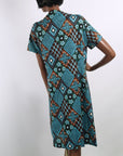60s Day Dress Deadstock Vintage NOS Turquoise Argyle Tapa Patchwork Print XL Smartsetter VFG