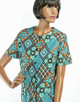 60s Day Dress Deadstock Vintage NOS Turquoise Argyle Tapa Patchwork Print XL Smartsetter VFG
